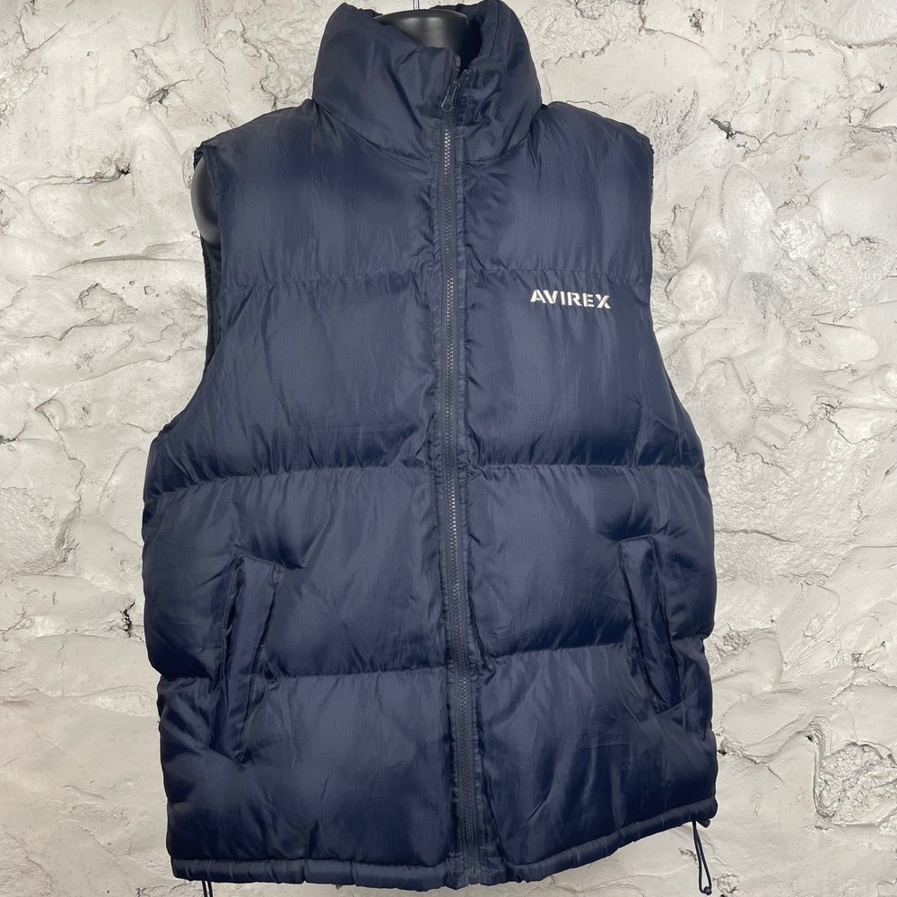 Avirex Superior Navy Blue Puffer Vest Mens Large Hidden Hood Ripstop Full Zip